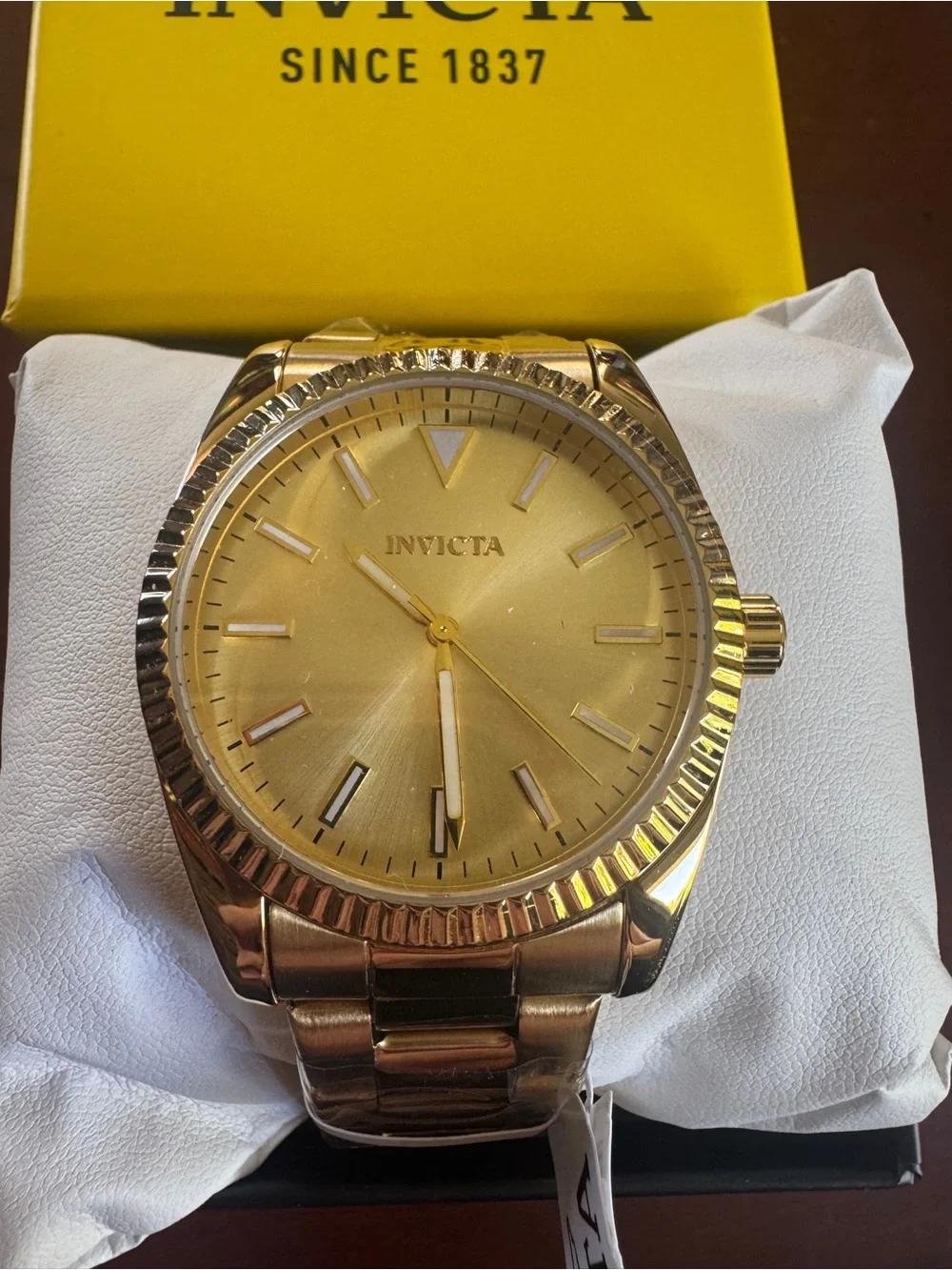 Invicta Men’s Gold Tone Watch Gold Dial Fluted Bezel Bracelet New